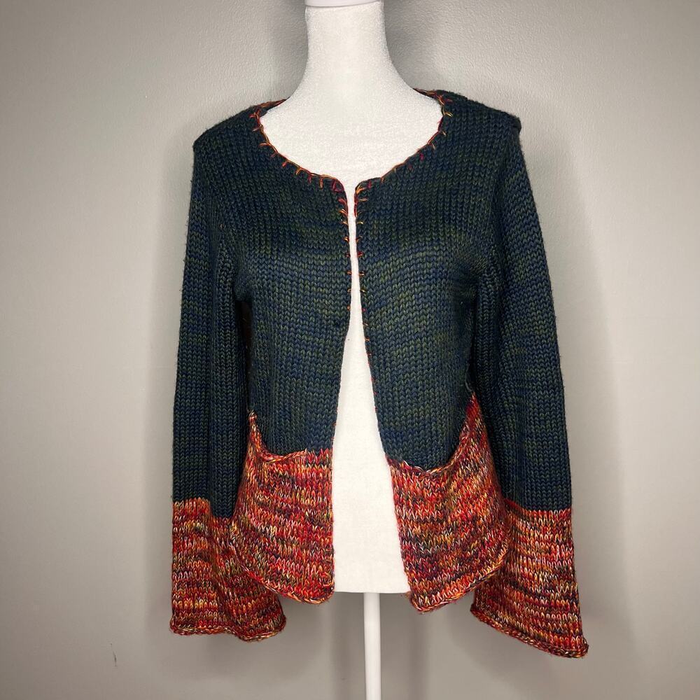 Y2K Kimchi Blue Knit Cardigan Size M Wide Bell Sleeve Pockets Early 2000s Boho